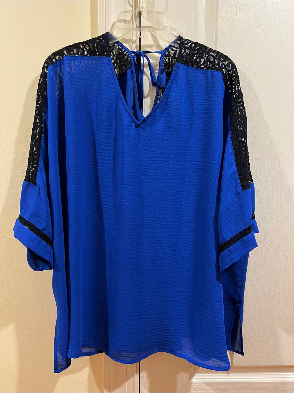Catherines Royal Blue V-Neck Blouse with Black Lace Trim